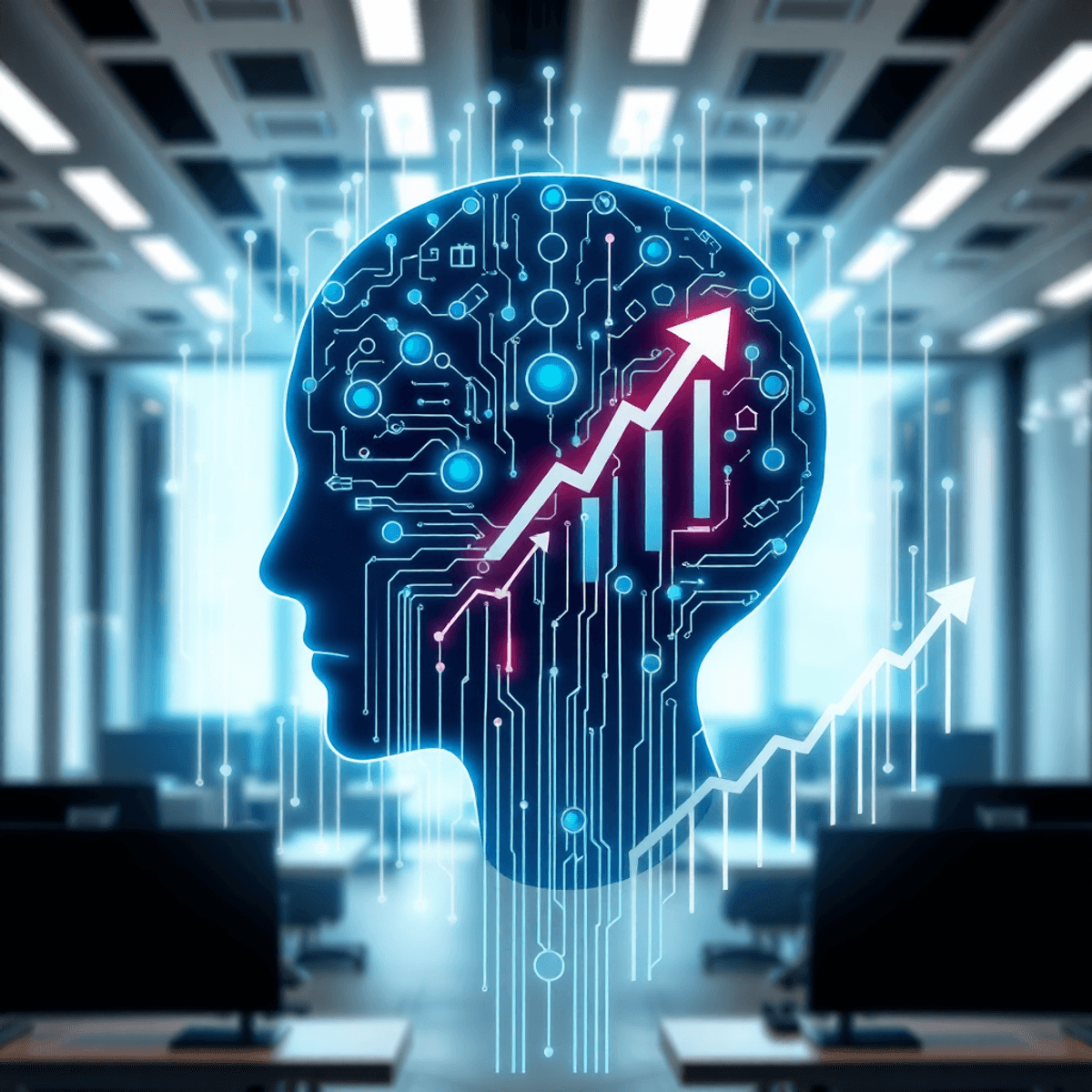Un'illustrazione digitale astratta dell'intelligenza artificiale in un ufficio moderno, caratterizzata da schemi di circuiti, flussi di dati e simboli di crescita come frecce verso l'alto e grafici.