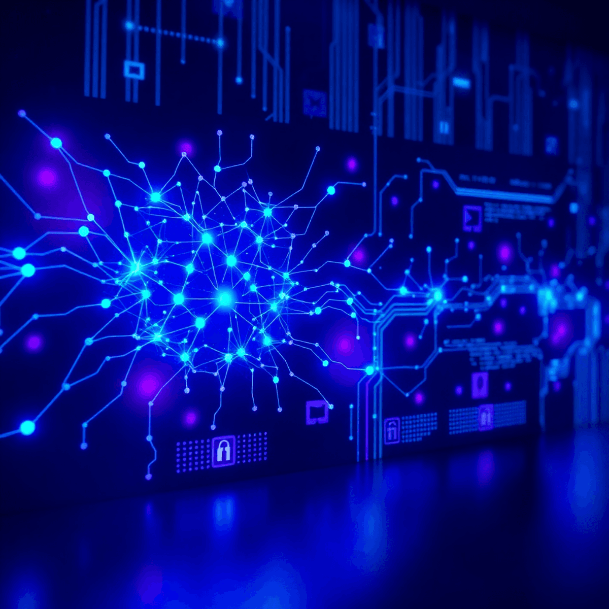 Interfaz digital con patrones de red neuronal AI en azul y violeta brillantes, que simbolizan la tecnología generativa de la IA y la seguridad de los datos con una superposición de sombra.